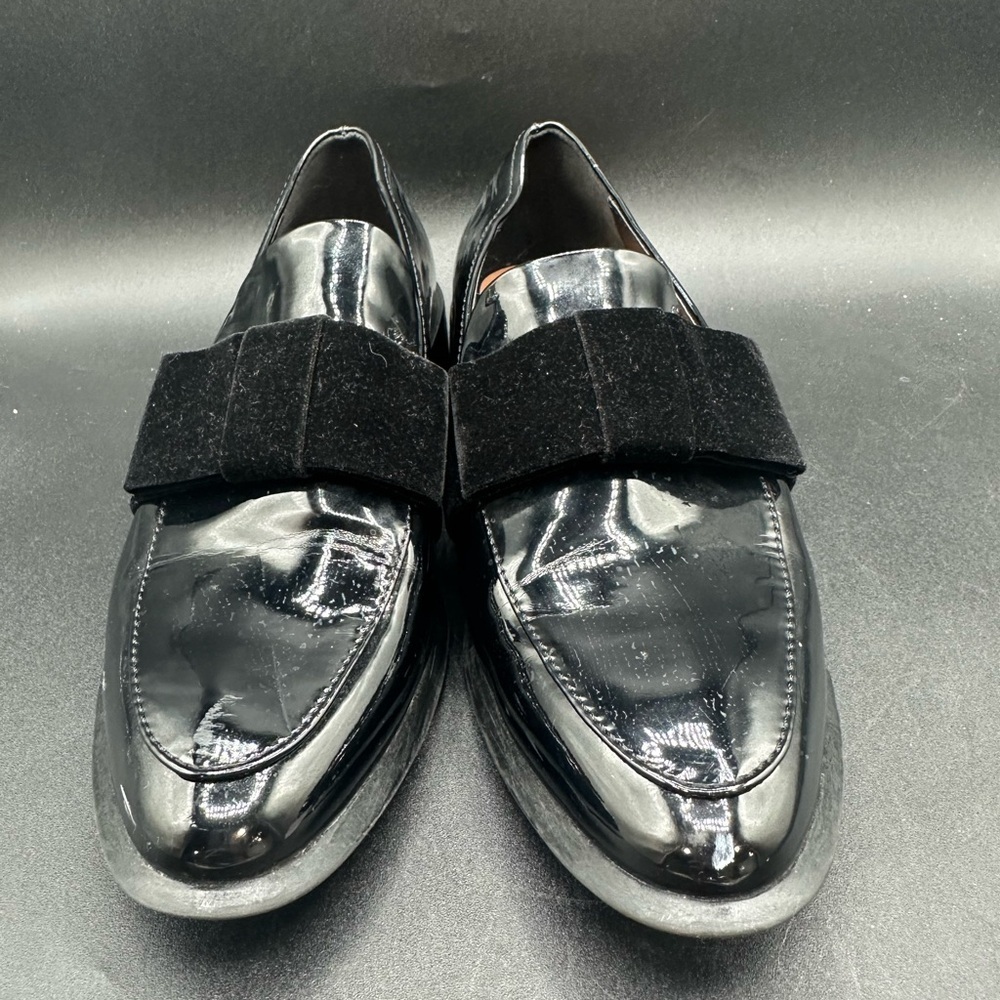 Zara Faux Black Patent Leather Velvet Bow Loafers Shoes Womens Size 7.5 EU 38 - Picture 2 of 6